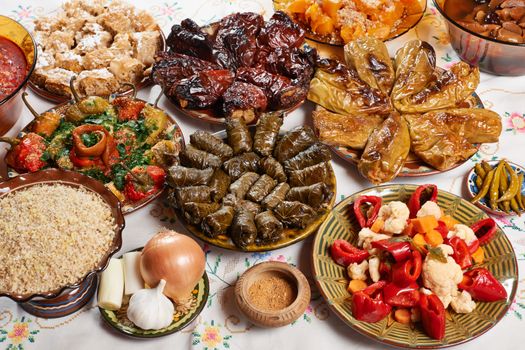 Traditionasl Bulgarian Christmas vegetarian food on holiday table