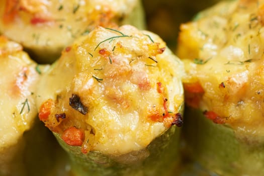 Vegetable marrows stiffed with french cheese and vegetables, baked mediterranean gourmet dish