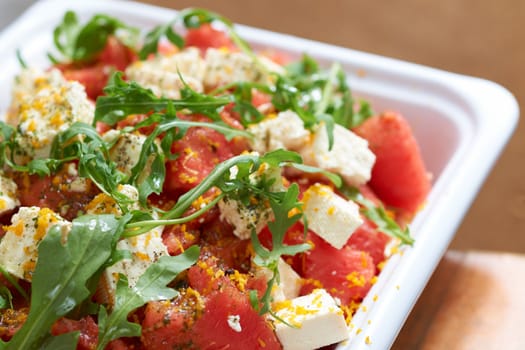 French salad with feta cheese and red water melon