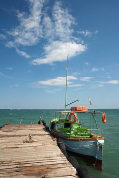 Boat at quay, Black sea shore of Sunny Beach resort, North Bulgaria