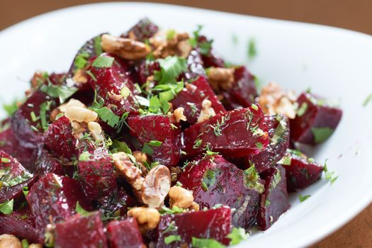 Delicious red beet salad with fennel and walnuts