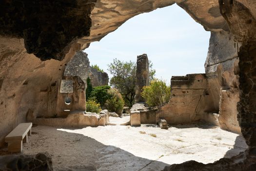 Medieval fortress by the village Les Baux de Provnece, historic site in South France