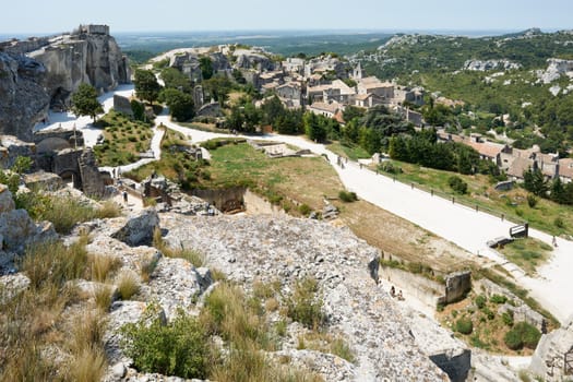 Medieval fortress by the village Les Baux de Provnece, historic site in South France