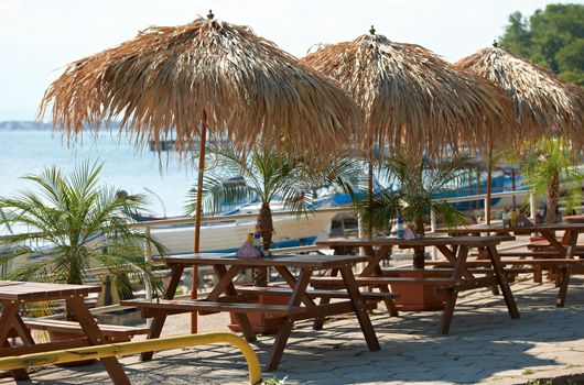 Tables of small sea-shore restaurant in Pomorie town, Bulgaria