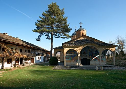 The yard with the church of Batoshevo monastery, in Bulgaria