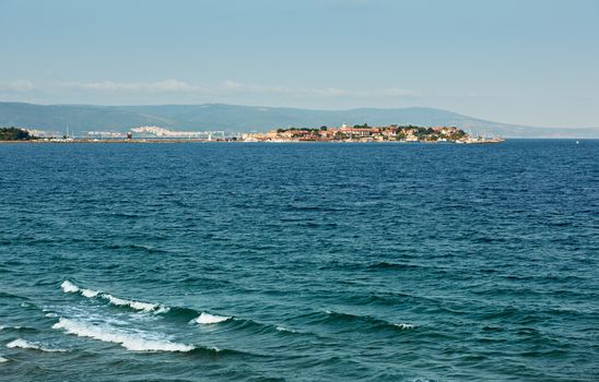 Peninsula of ancient Nessebar town in Bulgaria and blue water of the Black sea