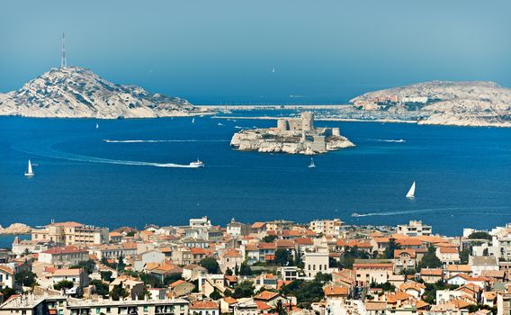 Mediterranean bay of Marseille city with If castle and blue sea water