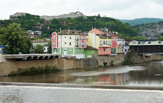 Center of Lovech town in Bulgaria, with old houses and Osam river