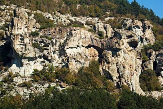 Rocks in Bulgarian Rhodope mountains with some ancient Trhacian artefacts carved on stone