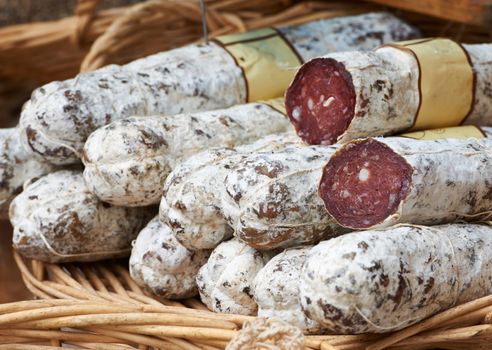 Tasty home-made sausage at the farmers market in Aix en Provence, France