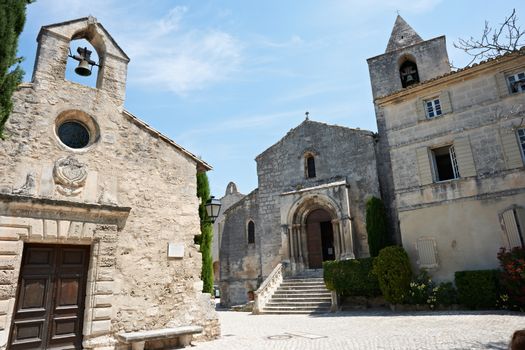 Buildings of ancient church and cathedral in village Les Baux de Provnece, South France