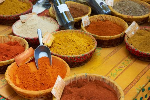 Random spices including paprica, curcuma and other for sale on Aix en Provence market, South France