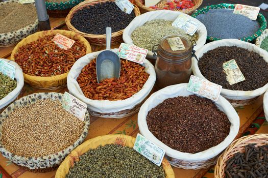 Random types of exotic spices on Provence market in France