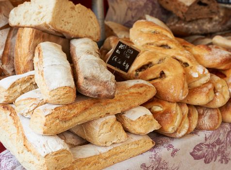 Fresh baked bread on table of Provence market, France