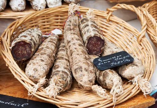 Home-made sausage at the farmers market in Aix en Provence, France