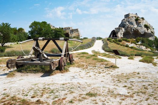 Replica of ancient cross-bow battle machine in the fortress of Les Baux de Provence, France