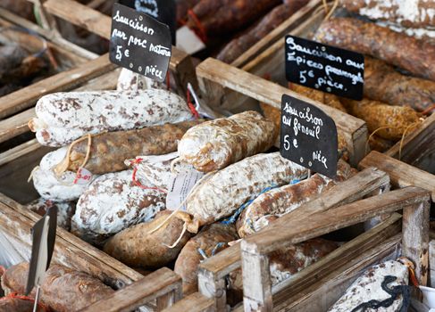 Traditional French hand-made sausage at the market in Aix en Provnece, France