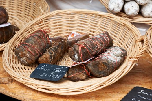 Home-made special sausage at the farmers market in Aix en Provence, France