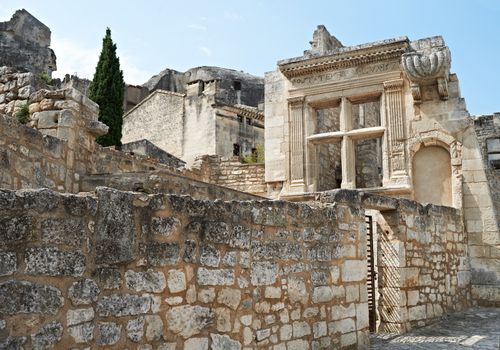 Ancient architecture and remains of Roman buildings in French village Les Baux de Provence, South France