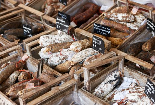 Traditional hand-made sausage at the market in Aix en Provnece, France