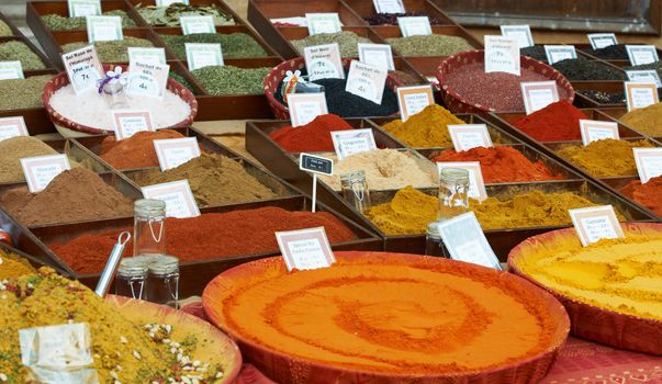 Random sorts of spices for sale at French Provence market in Aix en Provence town