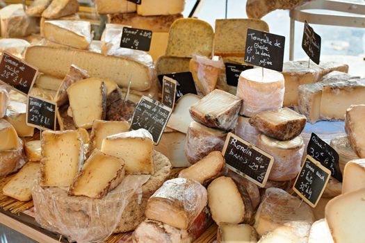 Random French cheese at rural Provence market, town of Aix-en-Provence