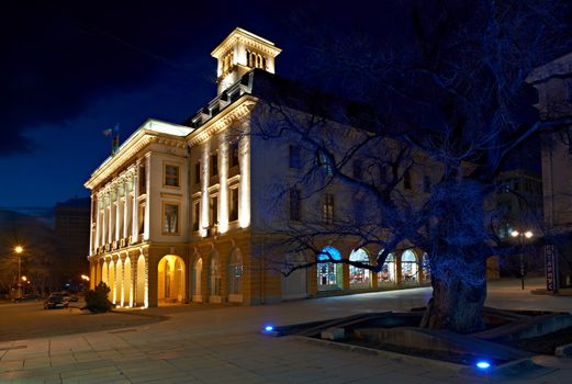 City hall in Sliven, Bulgaria with the historical elm-tree at night
