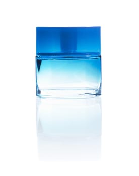 Blue perfume bottle with reflection isolated ot white