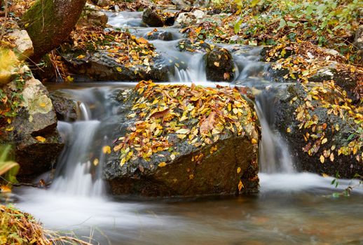 Autumn scenery with waterfall and yellow autumn forest leafs