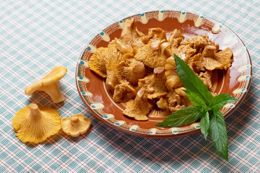 Dish of tasty golden chantarelle mushrooms on table