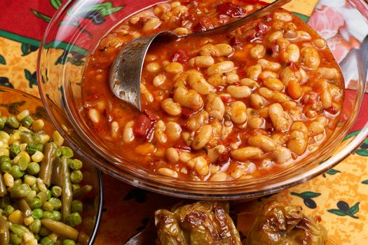 Traditional Bulgarian food, haricot beans stew on table