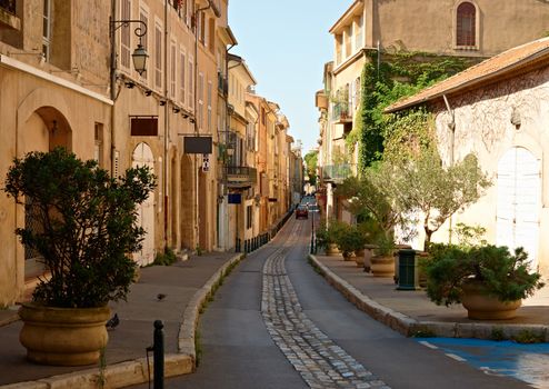 Street with typical houses in the old quarter of Aix en Provence, France