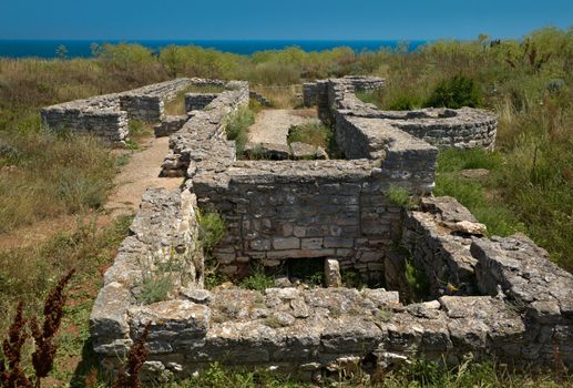Remains of an ancient building in the territory of the medieval Kaliakra fortress in Bulgaria, cape Kaliakra