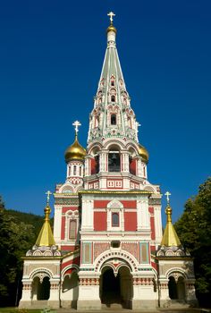 Golden domes russian monument-church near Shipka village in Bulgaria