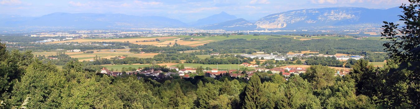 Panorama of Geneva area by beautiful day from Jura mountain, Switzerland