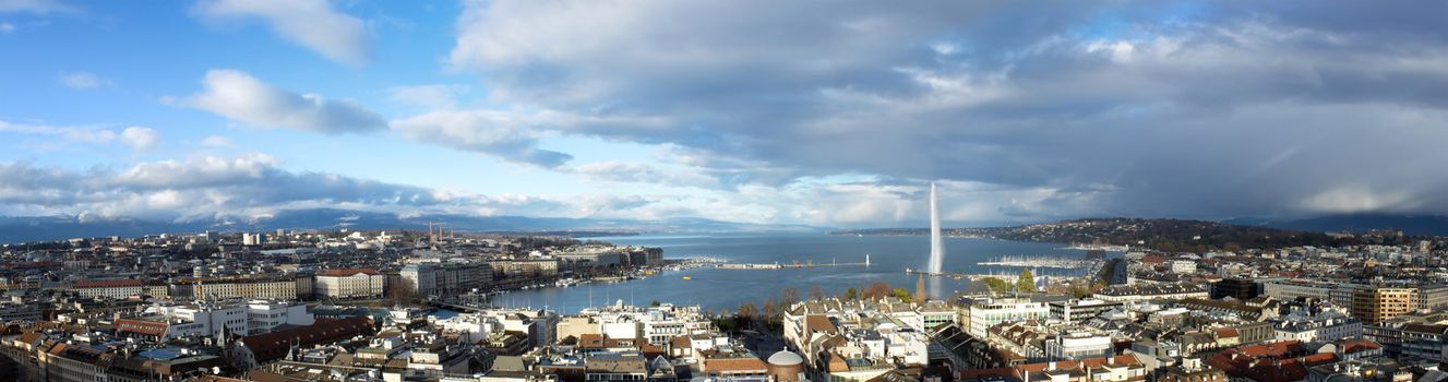 Panorama of Geneva city by beautiful day from cathedral famous Saint-Pierre, Switzerland