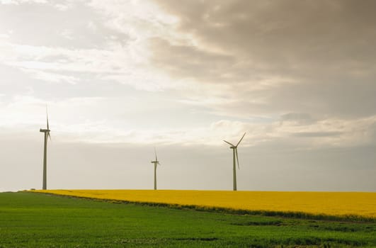 Power generation propellers in a spring meadow at sunset