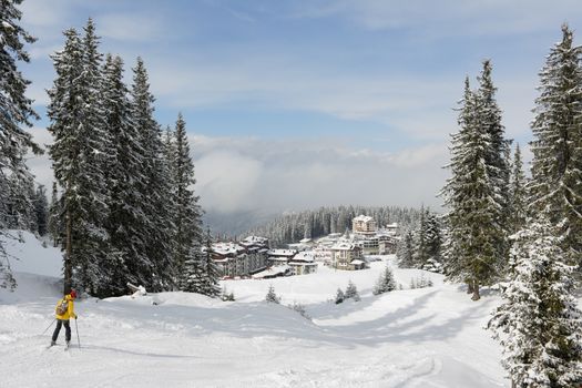 Skiing track in Pamporovo winter resort, Bulgaria