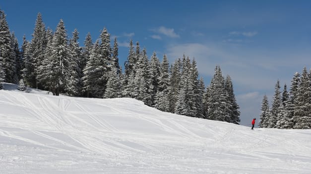 Winter mountain landscape and skier in red clothes