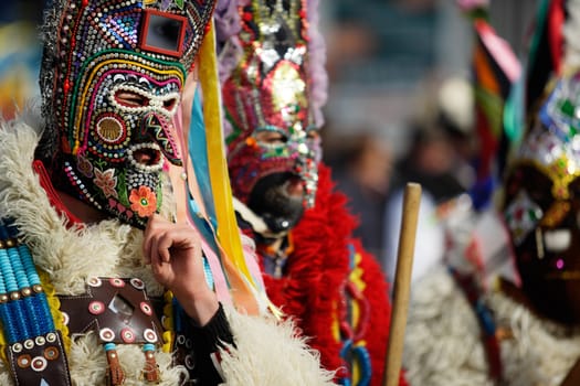 Kukeri traditional mask customs. Unique masquerade tradition from Bulgaria.