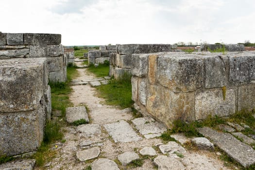 Remains of stone walls in Pliska medieval fortress, Bulgaria