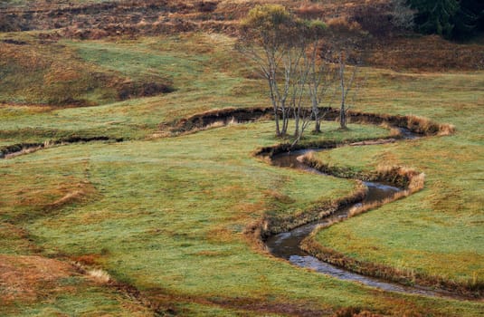 Autumn scenery with meanders of a mountain stream