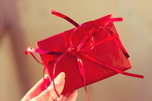 Female hands holding small gift with ribbon