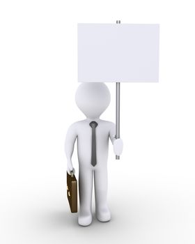 3d businessman is holding a blank sign high
