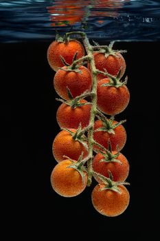 Cherry tomatoes in water. Black background