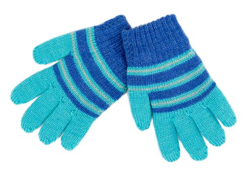 Pair of blue striped knitted Gloves are. Isolate on white.