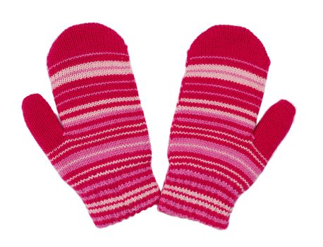 pair of red striped mittens. Isolate on white.