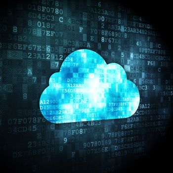 Cloud networking concept: pixelated Cloud icon on digital background, 3d render