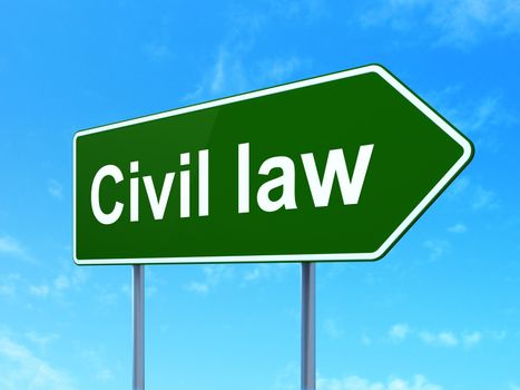 Law concept: Civil Law on green road (highway) sign, clear blue sky background, 3d render