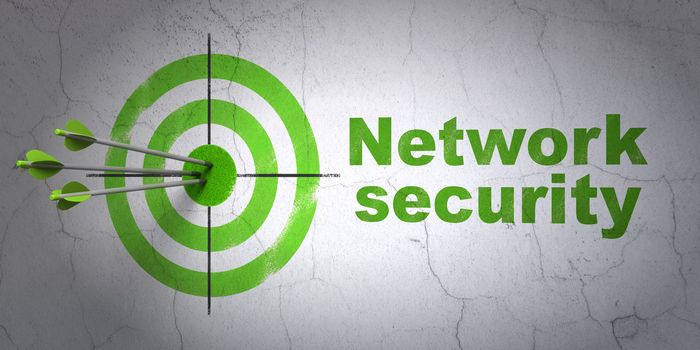 Success protection concept: arrows hitting the center of target, Green Network Security on wall background, 3d render